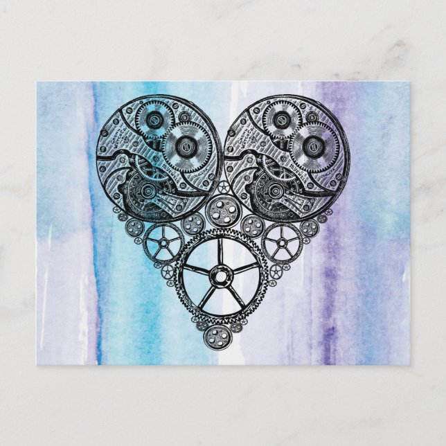 Steampunk Gear Valentine Heart Watercolor Bröllop Helg Vykort (Framsida)