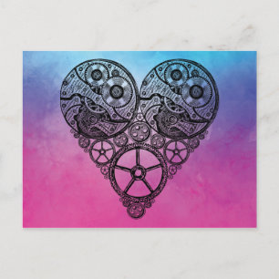 Steampunk Gear Valentine Heart Watercolor Helg Vykort