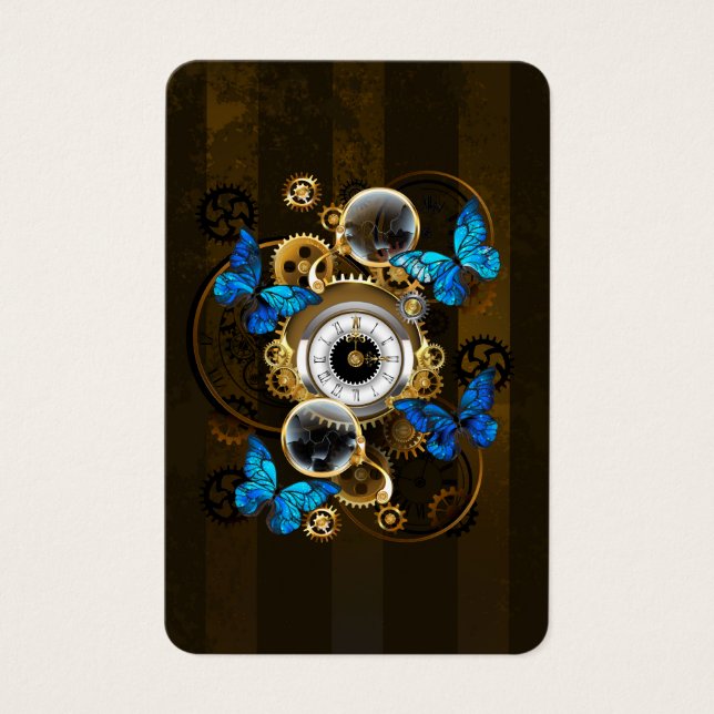 Steampunk Gears and Blue Butterflies Visitkort (Framsida)