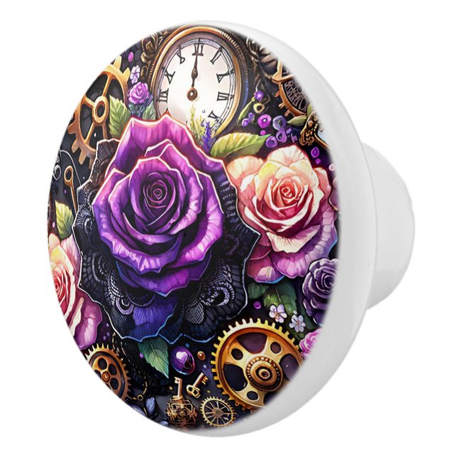Steampunk Gears and Flowers in Purple and Gold Knopp (Höger)