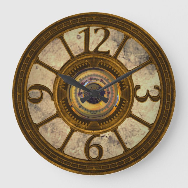 Steampunk Gears - Brass - Round Wall Clock Stor Klocka (Framsida)
