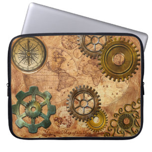 Steampunk Gears, Cogs, Brass Compass & Karta Theme Laptop Sleeve