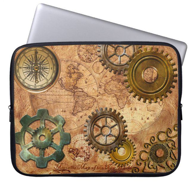 Steampunk Gears, Cogs, Brass Compass & Karta Theme Laptop Sleeve (Framsidan)