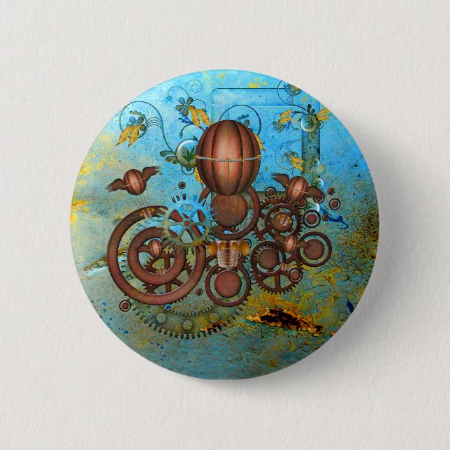 Steampunk Gears Collage Aqua Copper Button Knapp (Framsida)