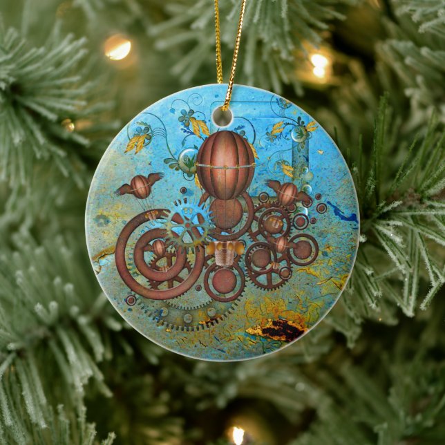 Steampunk Gears Collage Aqua Copper Ornament (Träd)