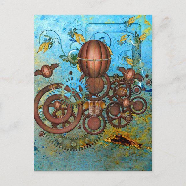 Steampunk Gears Collage Aqua Copper Postcard Vykort (Framsida)