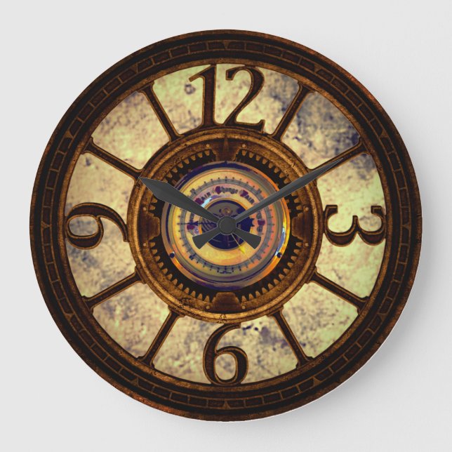 Steampunk Gears - Copper - Round Wall Clock Stor Klocka (Framsida)