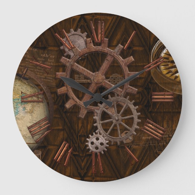 Steampunk Gears, Globe, Compass Artwork Stor Klocka (Framsida)