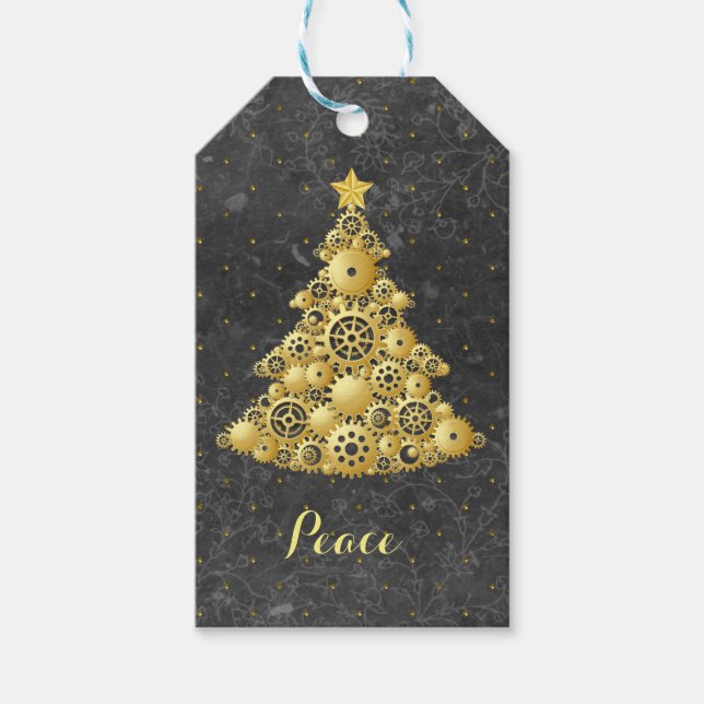 Steampunk Gears Guld Julgran Presentetikett (Framsidan)