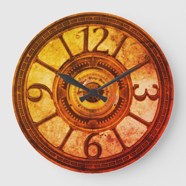 Steampunk Gears - Heat - Round Wall Clock Stor Klocka (Framsida)