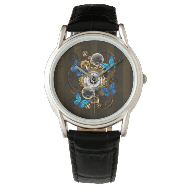 Steampunk Gears och Blue Butterflies Armbandsur (Framsida)