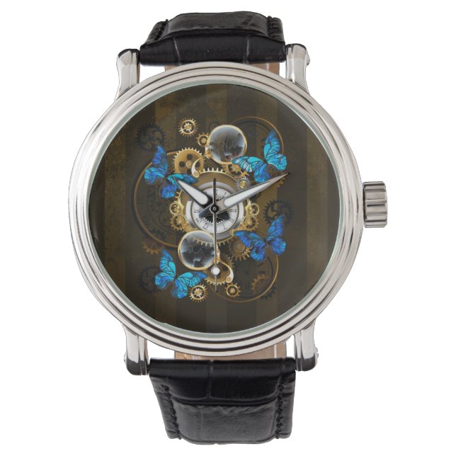 Steampunk Gears och Blue Butterflies Armbandsur (Framsida)