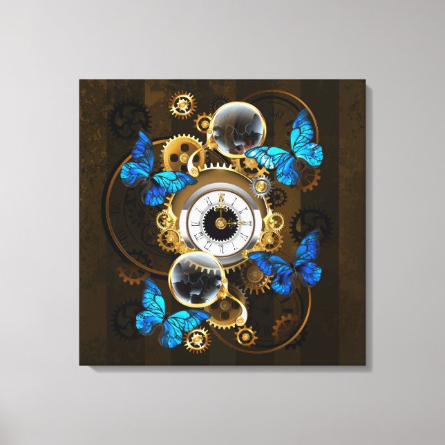 Steampunk Gears och Blue Butterflies Canvastryck (Framsida)