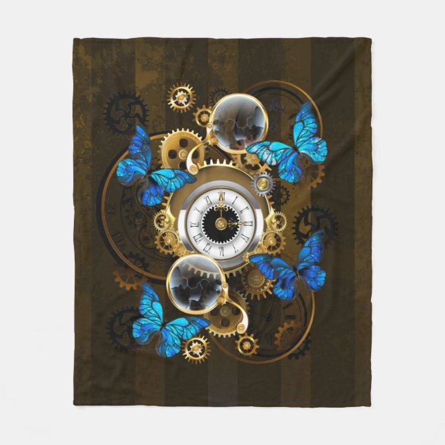 Steampunk Gears och Blue Butterflies Fleecefilt (Framsidan)