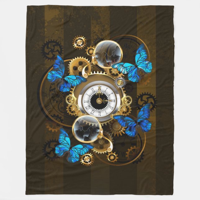 Steampunk Gears och Blue Butterflies Fleecefilt (Framsidan)