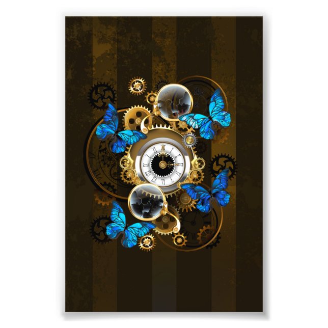 Steampunk Gears och Blue Butterflies Fototryck (Framsidan)