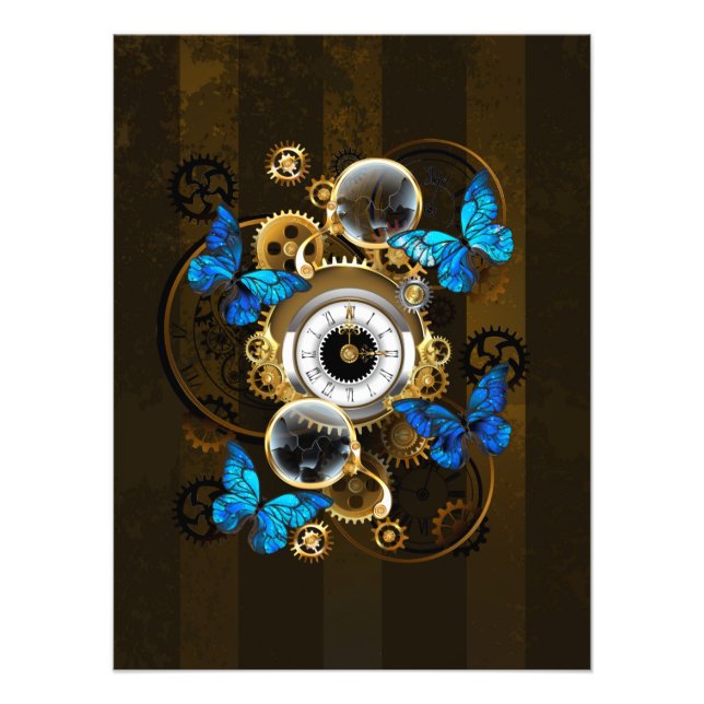 Steampunk Gears och Blue Butterflies Fototryck (Framsidan)