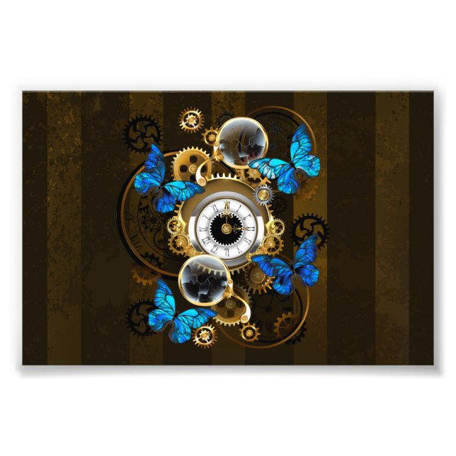 Steampunk Gears och Blue Butterflies Fototryck (Framsidan)