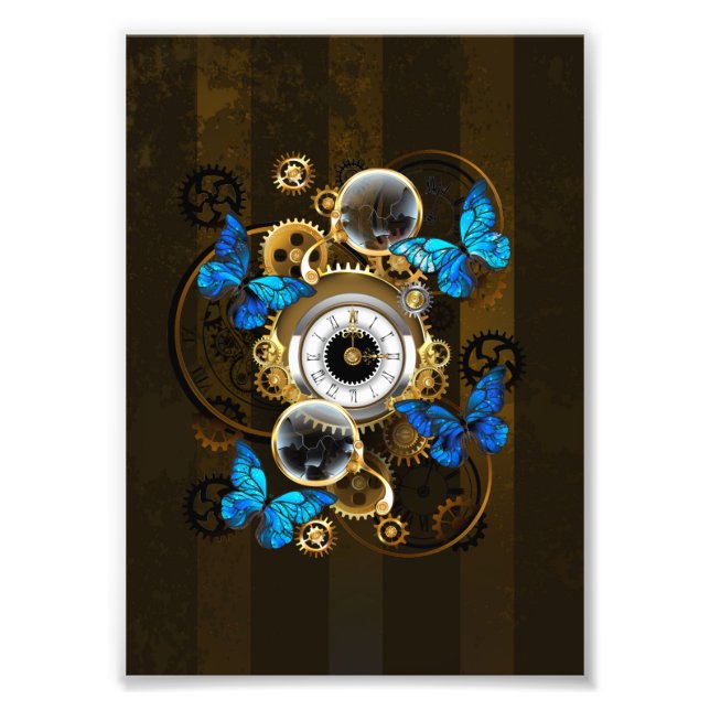 Steampunk Gears och Blue Butterflies Fototryck (Framsidan)