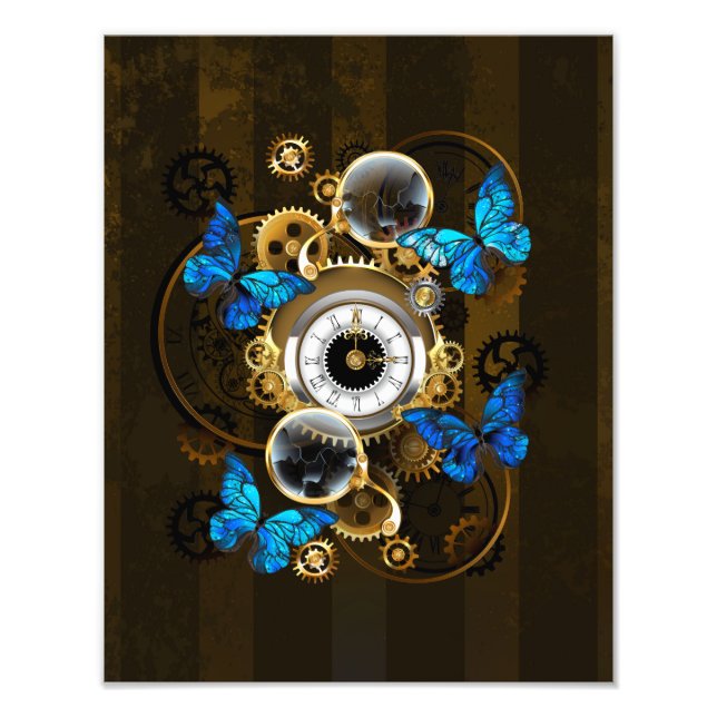 Steampunk Gears och Blue Butterflies Fototryck (Framsidan)