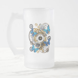 Steampunk Gears och Blue Butterflies Frostat Ölglas