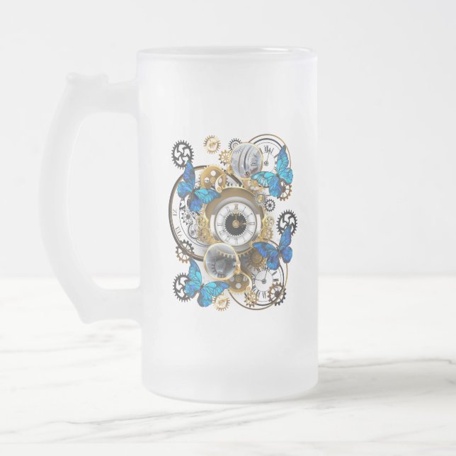 Steampunk Gears och Blue Butterflies Frostat Ölglas (Vänster)
