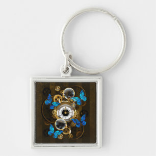 Steampunk Gears och Blue Butterflies Fyrkantig Silverfärgad Nyckelring