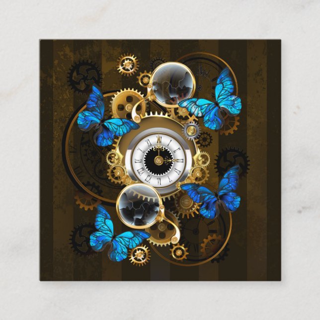 Steampunk Gears och Blue Butterflies Fyrkantigt Visitkort (Framsida)
