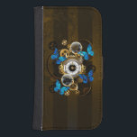 Steampunk Gears och Blue Butterflies Galaxy S4 Plånbok<br><div class="desc">Sammansättning av rund steampunk-klocka med svart romerskt numeriskt uppslag,  dekorerat med guld och släpredskap,  blå morfobutterflugor och skadade linser på brun stripe-bakgrund. Steampunk stil.</div>