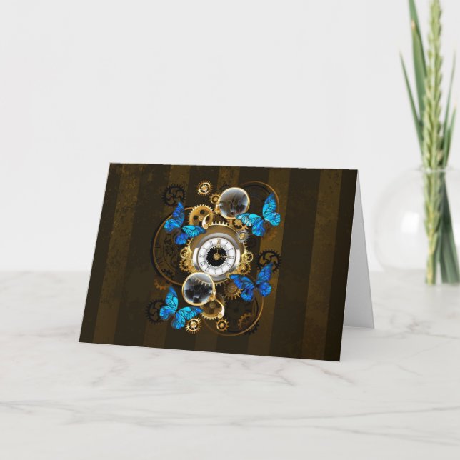Steampunk Gears och Blue Butterflies Helgkort (Framsida)