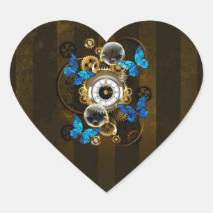 Steampunk Gears och Blue Butterflies Hjärtformat Klistermärke