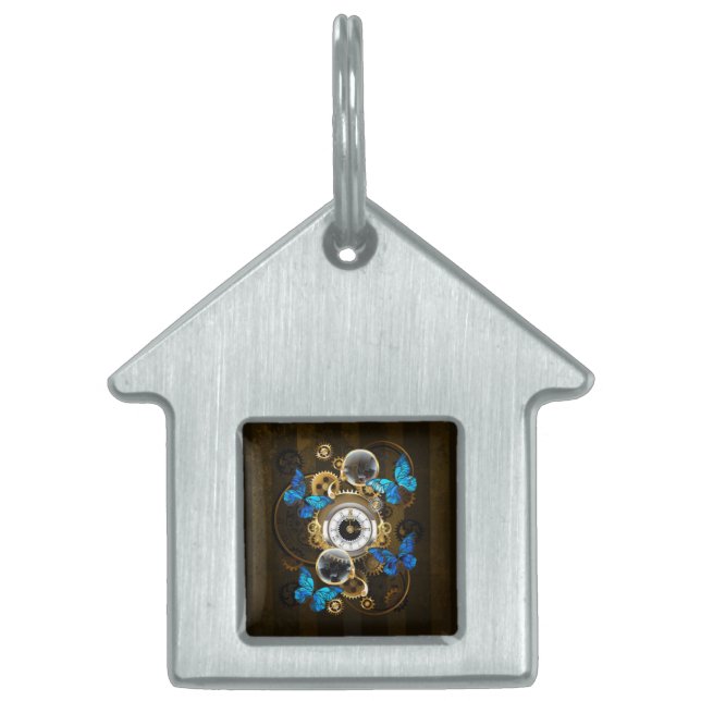 Steampunk Gears och Blue Butterflies ID-bricka Husdjur (Framsidan)