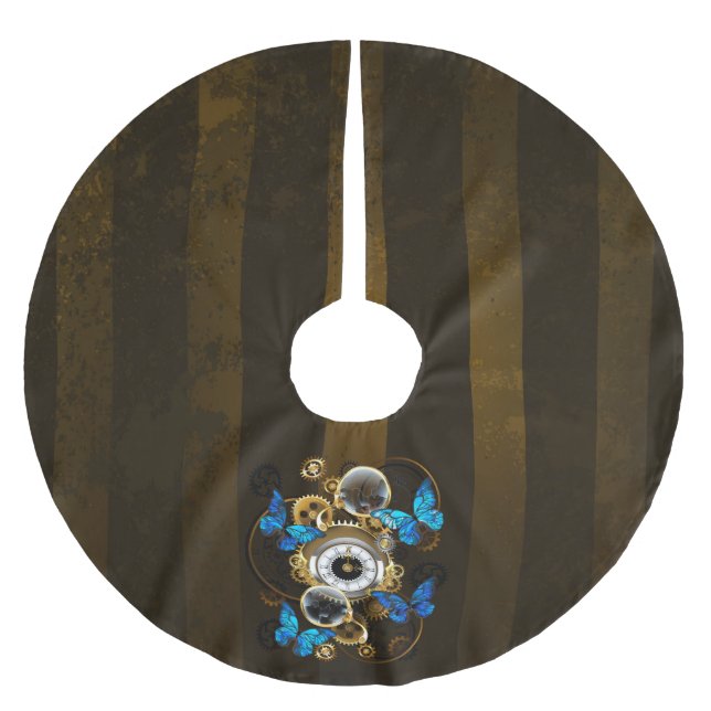 Steampunk Gears och Blue Butterflies Julgransmatta Borstad Polyester (Framsidan)