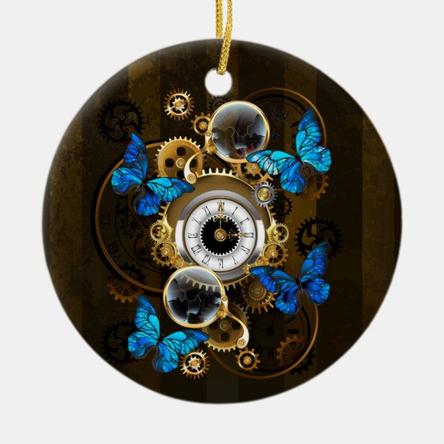 Steampunk Gears och Blue Butterflies Julgransprydnad Keramik (Framsidan)
