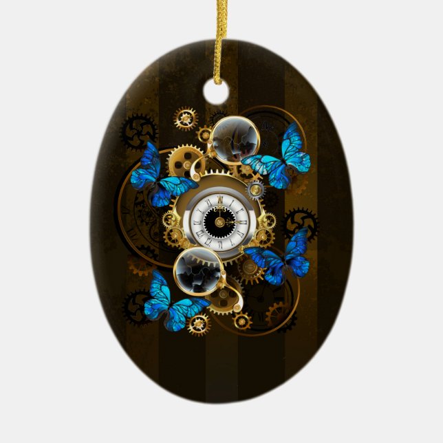 Steampunk Gears och Blue Butterflies Julgransprydnad Keramik (Framsidan)