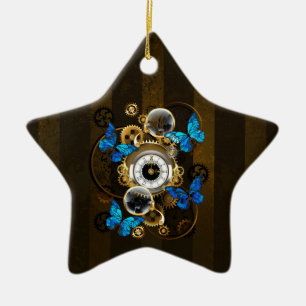 Steampunk Gears och Blue Butterflies Julgransprydnad Keramik