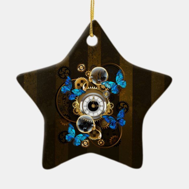 Steampunk Gears och Blue Butterflies Julgransprydnad Keramik (Framsidan)