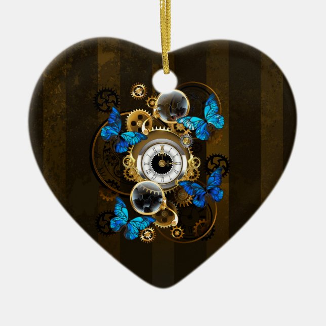 Steampunk Gears och Blue Butterflies Julgransprydnad Keramik (Framsidan)