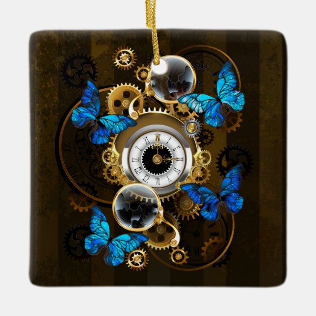 Steampunk Gears och Blue Butterflies Julgransprydnad Keramik (Framsida)