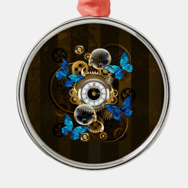 Steampunk Gears och Blue Butterflies Julgransprydnad Metall (Framsidan)