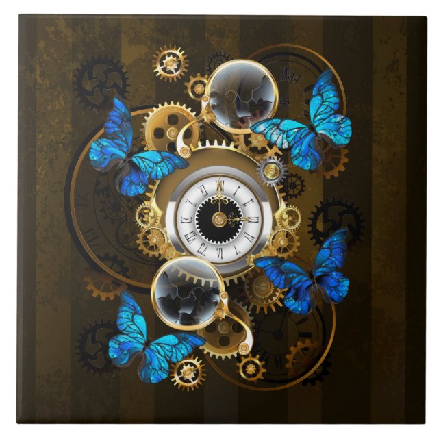 Steampunk Gears och Blue Butterflies Kakelplatta (Framsidan)
