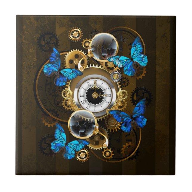 Steampunk Gears och Blue Butterflies Kakelplatta (Framsidan)