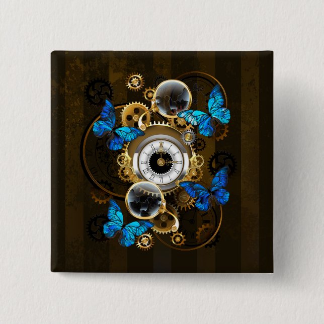 Steampunk Gears och Blue Butterflies Knapp (Framsida)