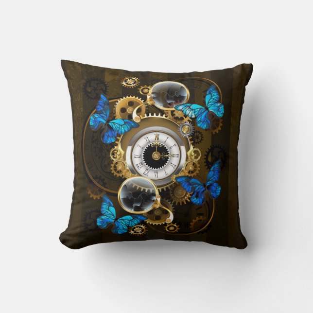 Steampunk Gears och Blue Butterflies Kudde (Framsida)