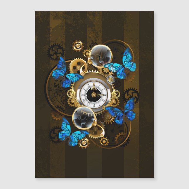 Steampunk Gears och Blue Butterflies Magnetisk Inbjudningskort (Framsida)