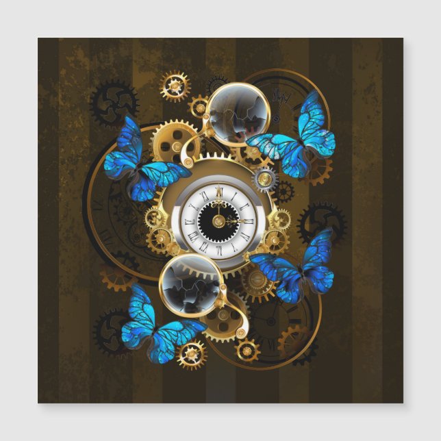 Steampunk Gears och Blue Butterflies Magnetisk Inbjudningskort (Framsida)