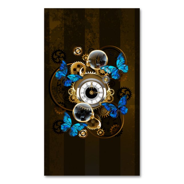 Steampunk Gears och Blue Butterflies Magnetiska Visitkort (Framsida vertikal)