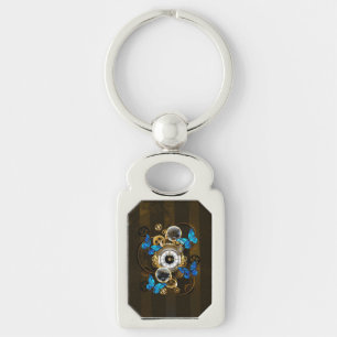 Steampunk Gears och Blue Butterflies Rektangulärt Silverfärgad Nyckelring