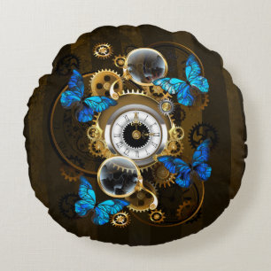 Steampunk Gears och Blue Butterflies Rund Kudde