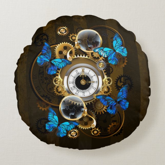 Steampunk Gears och Blue Butterflies Rund Kudde (Framsidan)